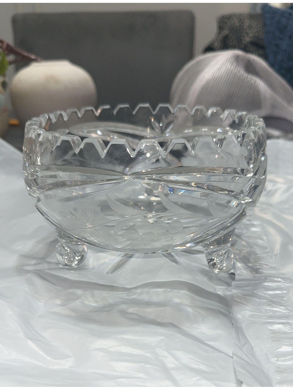 Clear Cut Crystal Footed Candy Dish - Elegant Glass Serving Bowl
